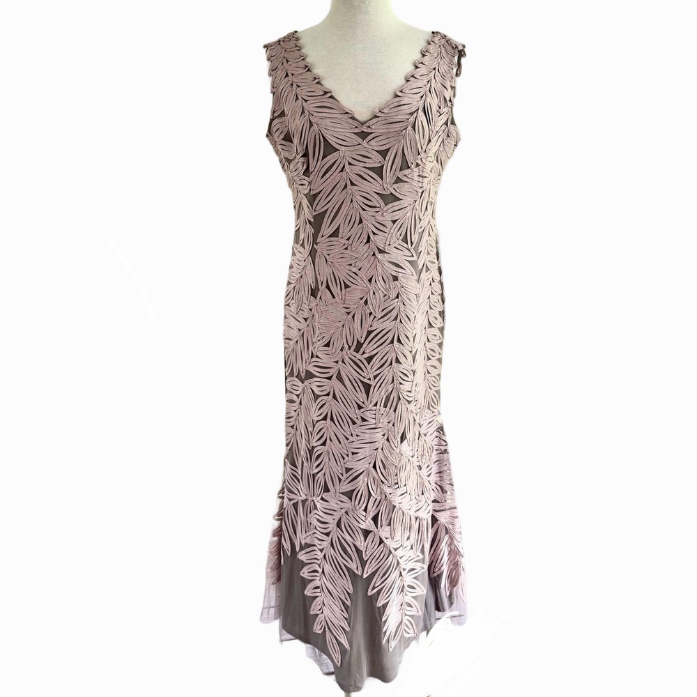 JS Collections Soutache Size 14* Embroidered Leaf Maxi Gown Dusty Rose Grey EUC